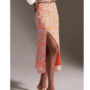 Maeve Orange Midi Skirt with Blue and White Floral Print Anthropologie 6